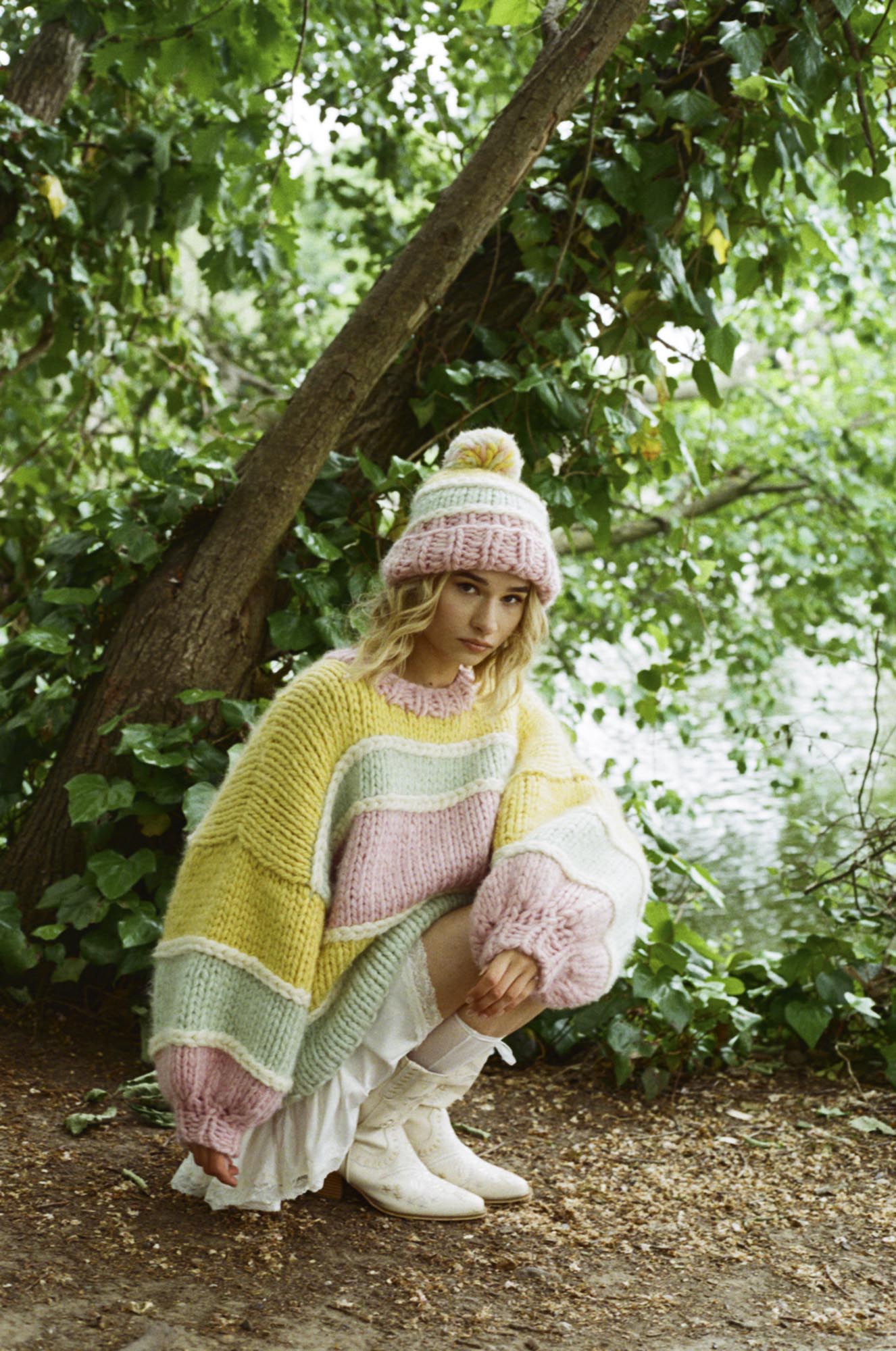 Handmade Wool Cream Knit Beanie with Pink, Yellow & Green Accent SWIPE TO KNIT WITH ME ➡️? We just finished week one of  main image 2